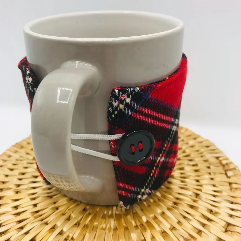 Handmade Mug Cozy, Plaid Corduroy Red Black, Hot Beverage Cozy, Stocking Stuffer